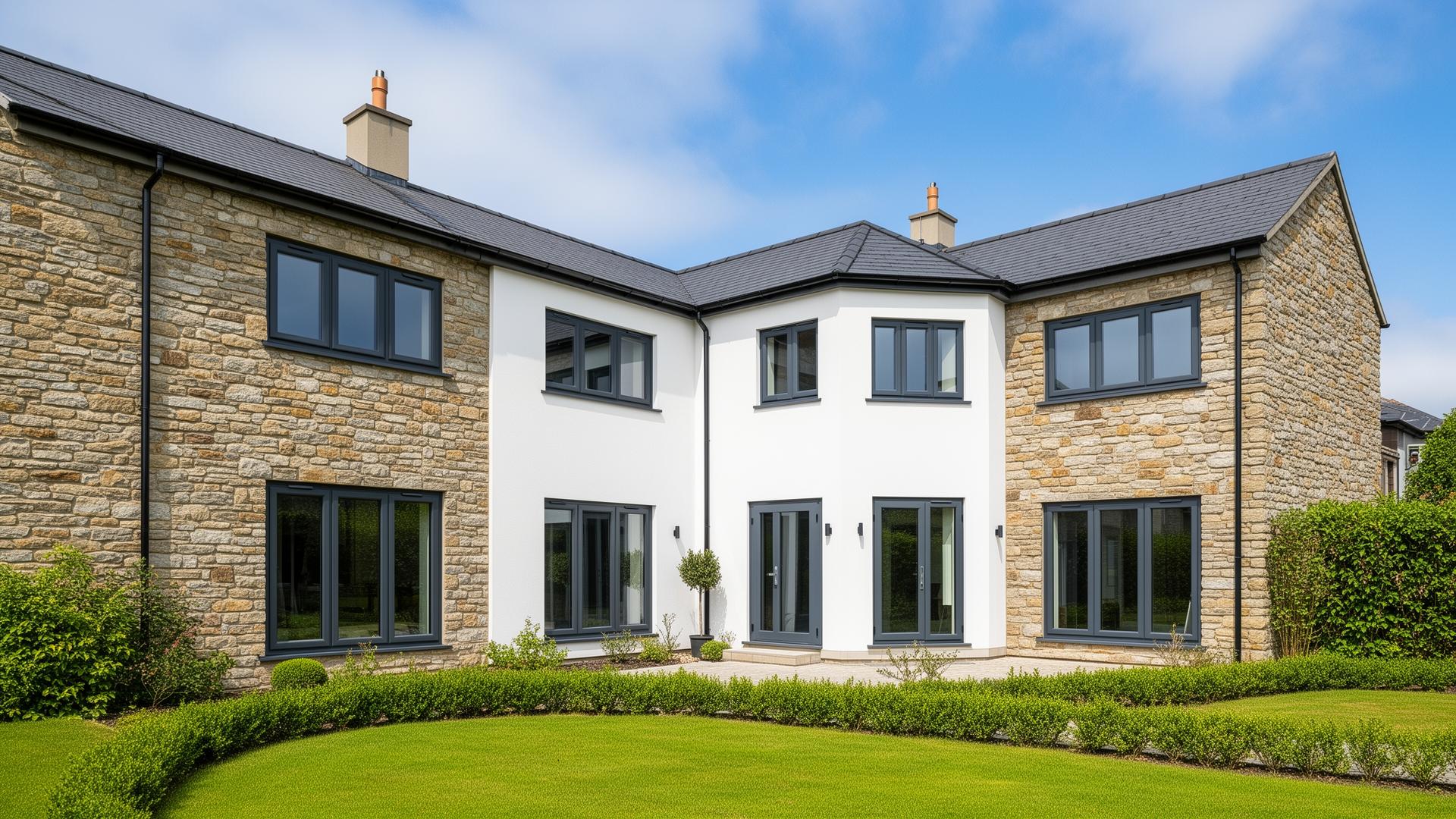 Modern Dorset home with anthracite grey double glazed windows on stone and white render